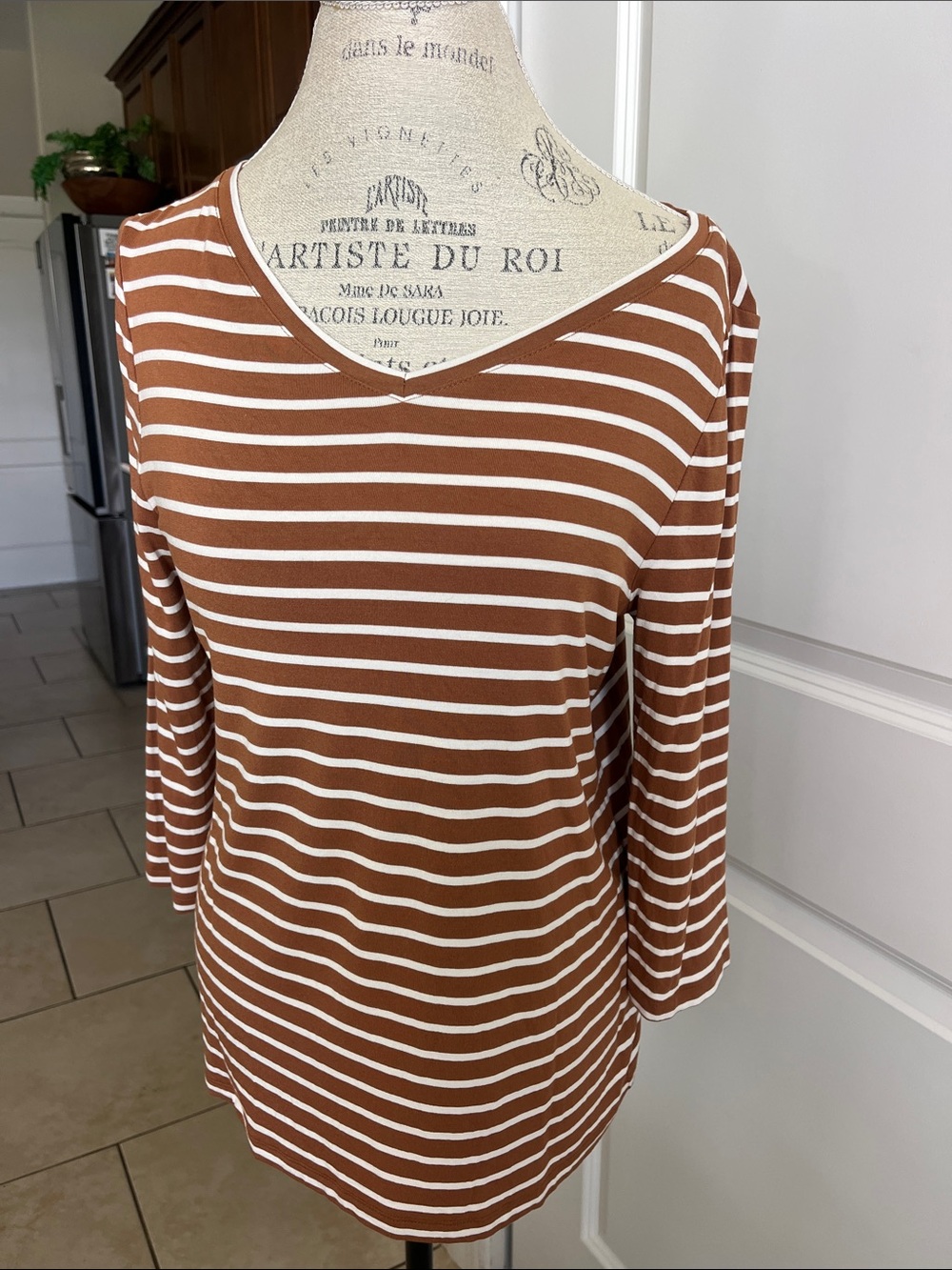 EUC Chicos caramel, brown and cream, striped V-neck T-shirt, size medium